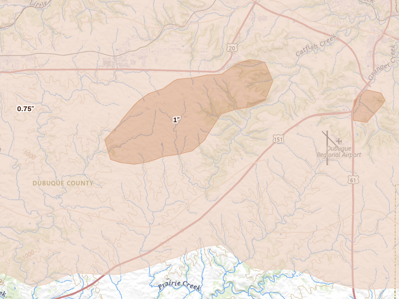 Radar-estimated hail-size map of the storm over Peosta, IA on Apr 14, 2026