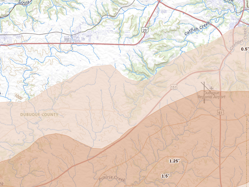 Radar-estimated hail-size map of the storm over Peosta, IA on Apr 17, 2026