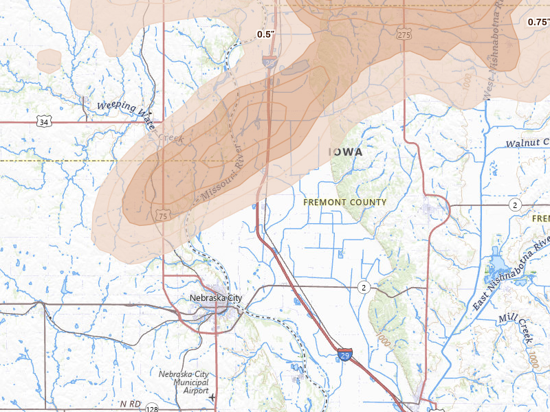 Radar-estimated hail-size map of the storm over Percival, IA on May 15, 2026