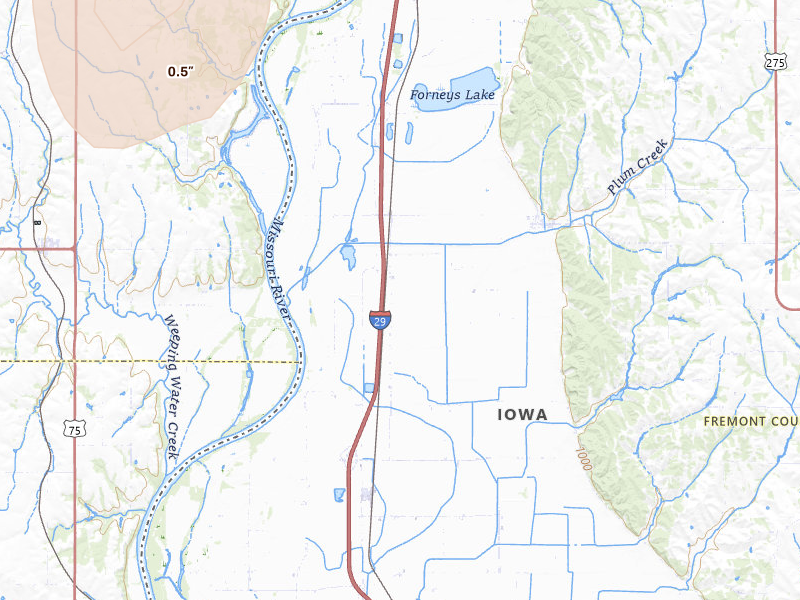 Radar-estimated hail-size map of the storm over Percival, IA on May 17, 2026
