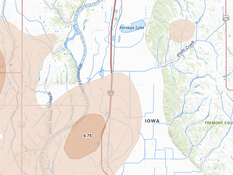 Radar-estimated hail-size map of the storm over Percival, IA on Jun 5, 2026
