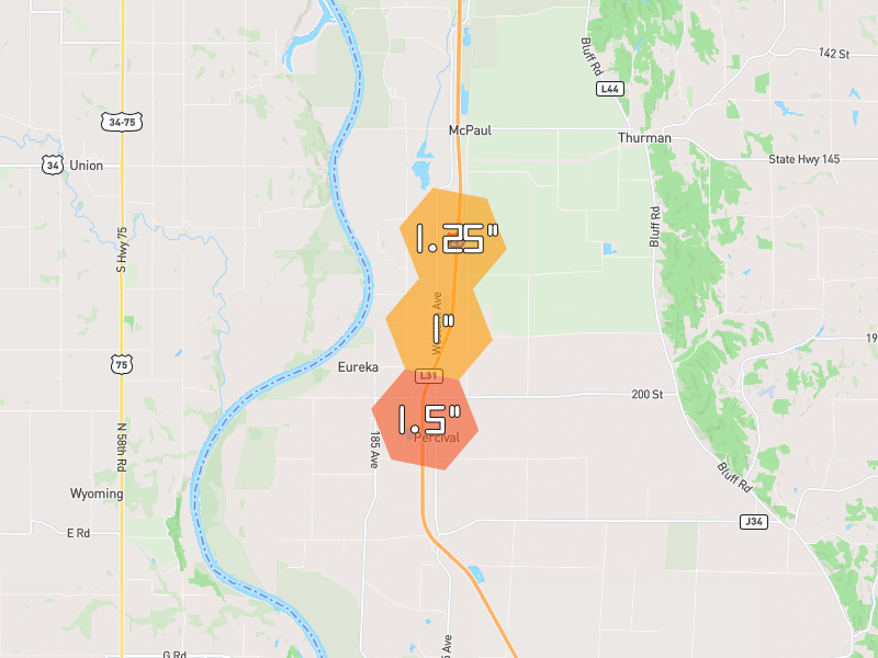 Hail map of Percival, IA on Jun 6, 2026, hail up to 1.5"