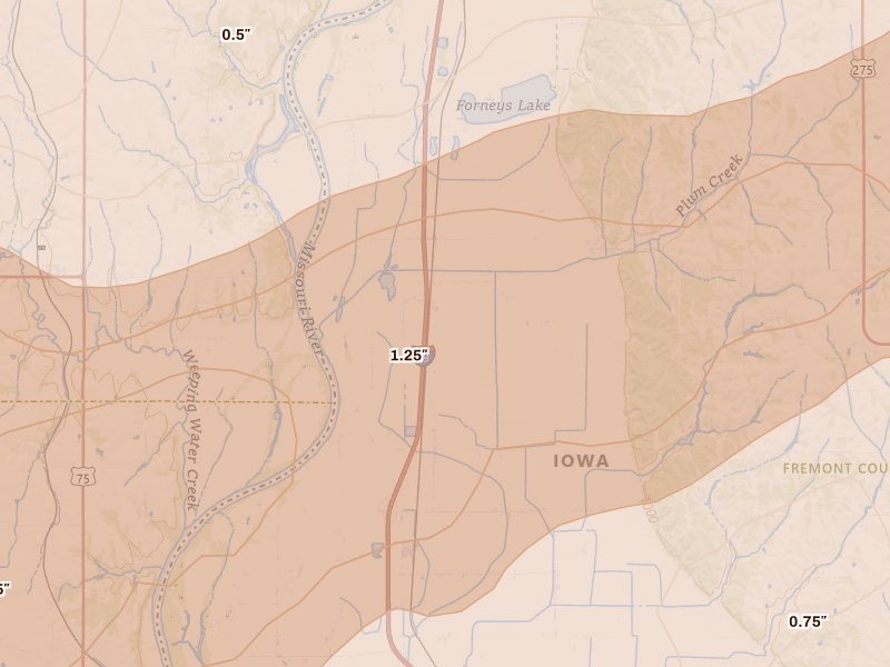 Radar-estimated hail-size map of the storm over Percival, IA on Jun 10, 2026