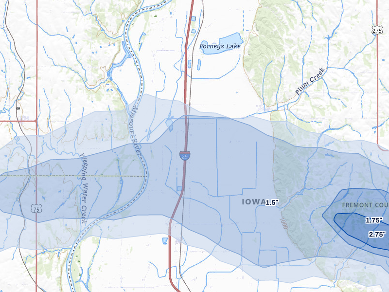 NEXRAD radar-signature map of the hail storm over Percival, IA on Jul 3, 2026