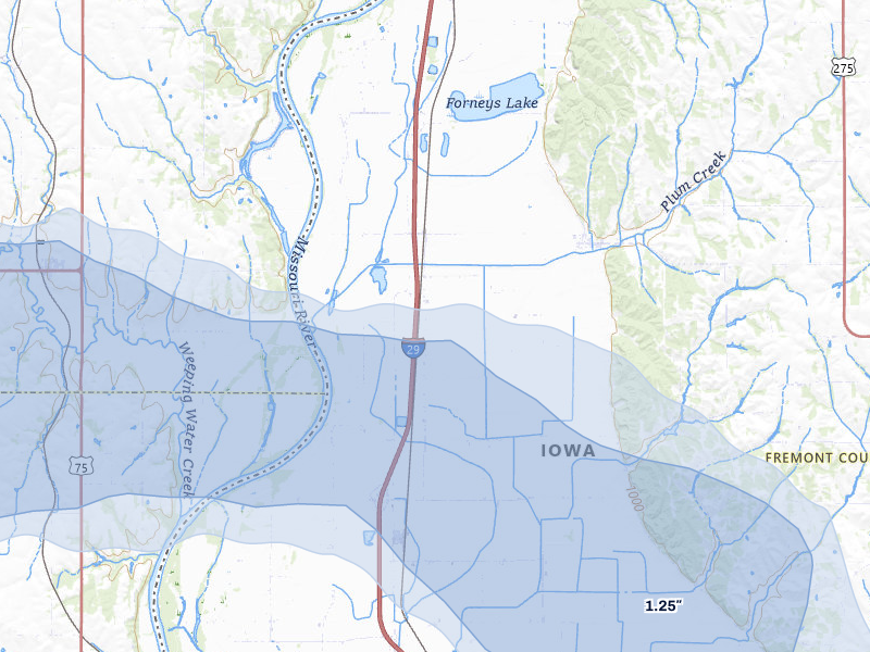 NEXRAD radar-signature map of the hail storm over Percival, IA on Jul 8, 2026