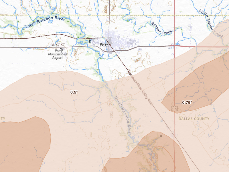 Radar-estimated hail-size map of the storm over Perry, IA on Mar 30, 2026