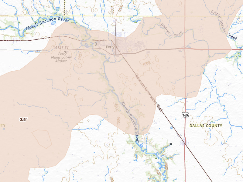 Radar-estimated hail-size map of the storm over Perry, IA on Apr 23, 2026