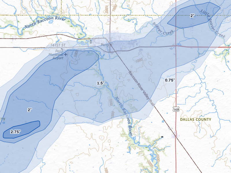 NEXRAD radar-signature map of the hail over Perry, IA