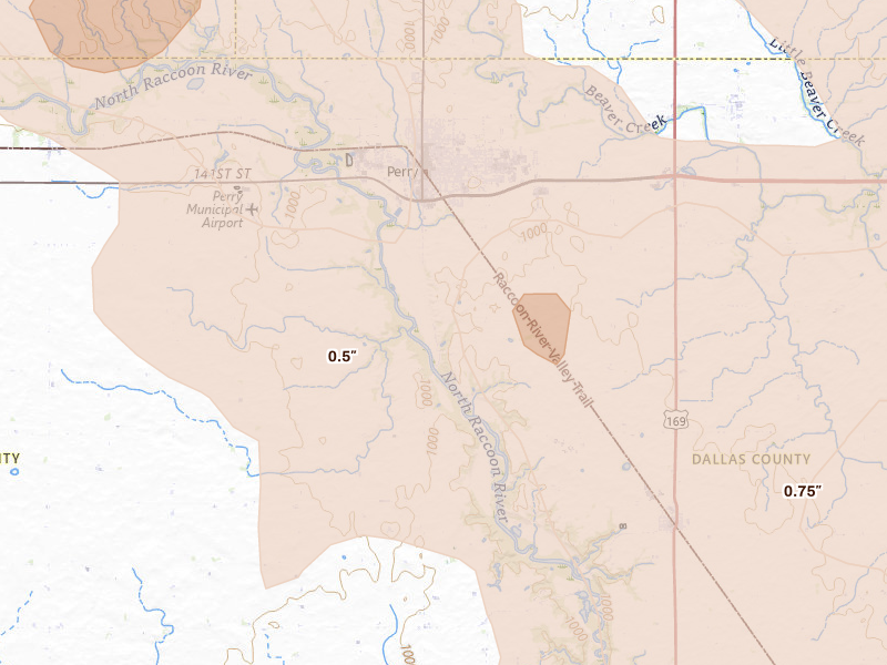 Radar-estimated hail-size map of the storm over Perry, IA on Jul 20, 2026