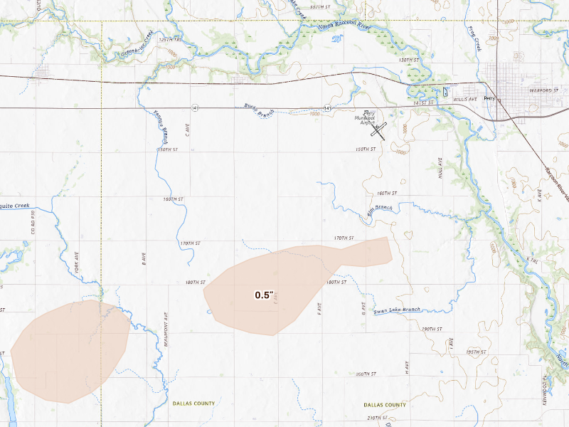 Radar-estimated hail-size map of the storm over Perry, IA