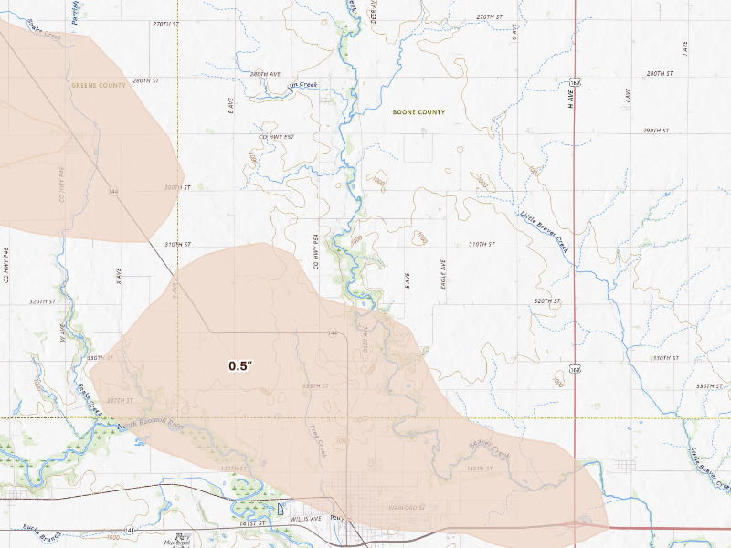 Radar-estimated hail-size map of the storm over Perry, IA on Oct 8, 2026