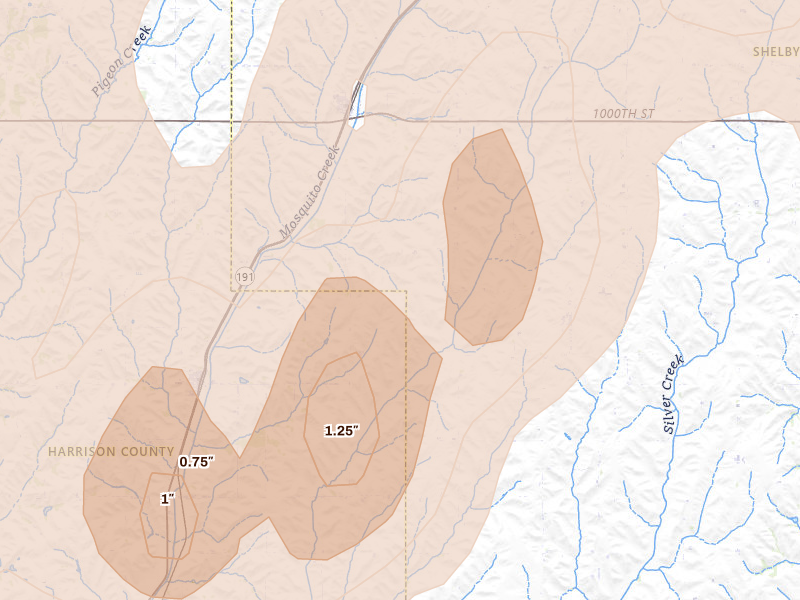 Radar-estimated hail-size map of the storm over Persia, IA on Apr 23, 2026
