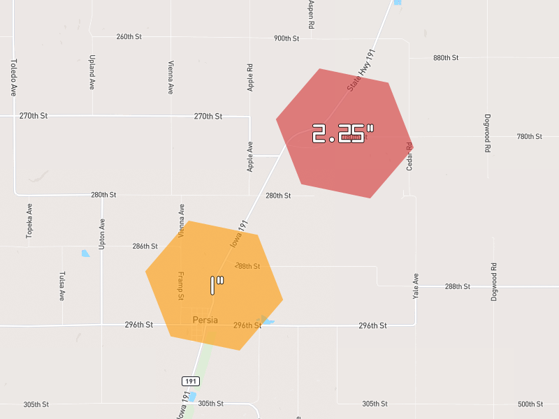 Hail map of Persia, IA on Jun 1, 2026, hail up to 2.25"