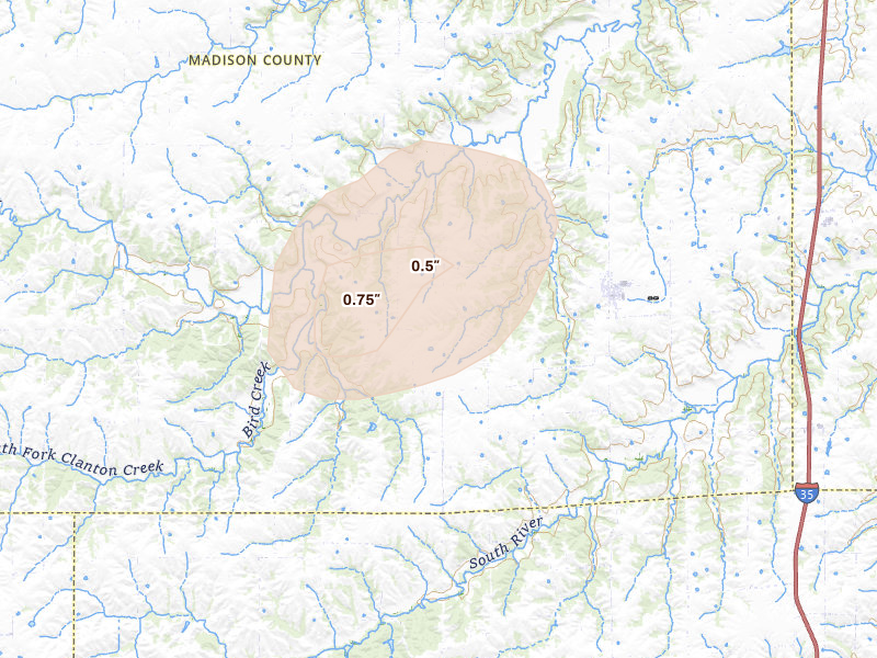 Radar-estimated hail-size map of the storm over Peru, IA on May 16, 2026