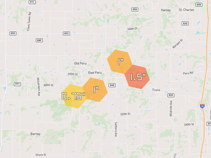 Hail map of Peru, IA on Jul 4, 2026, hail up to 1.5"
