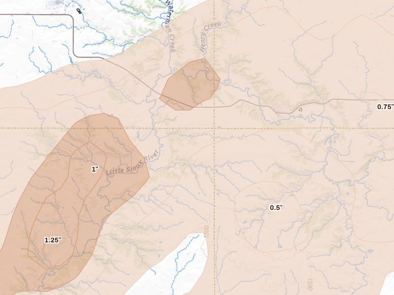 Radar-estimated hail-size map of the storm over Peterson, IA on Apr 13, 2026