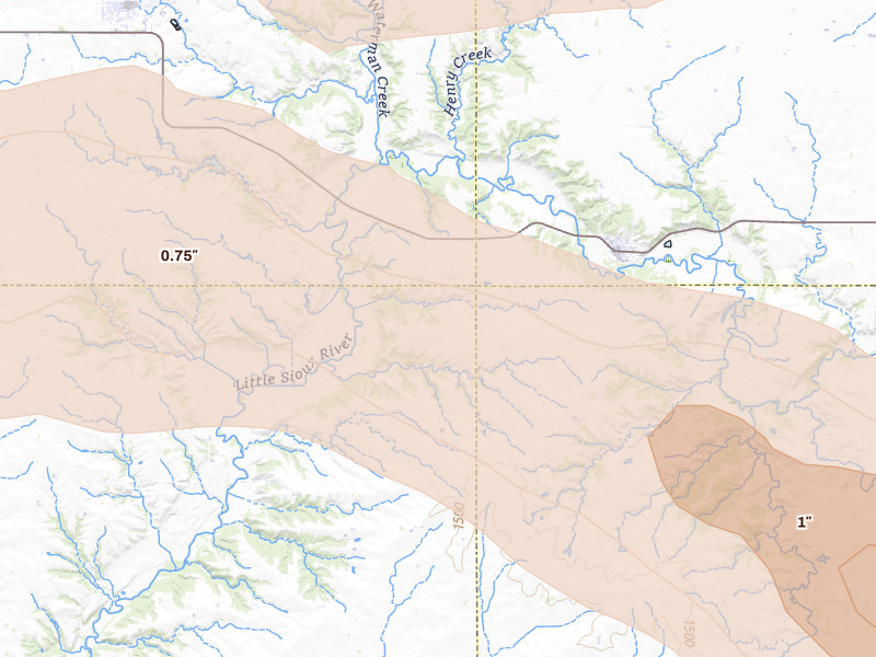 Radar-estimated hail-size map of the storm over Peterson, IA on May 15, 2026