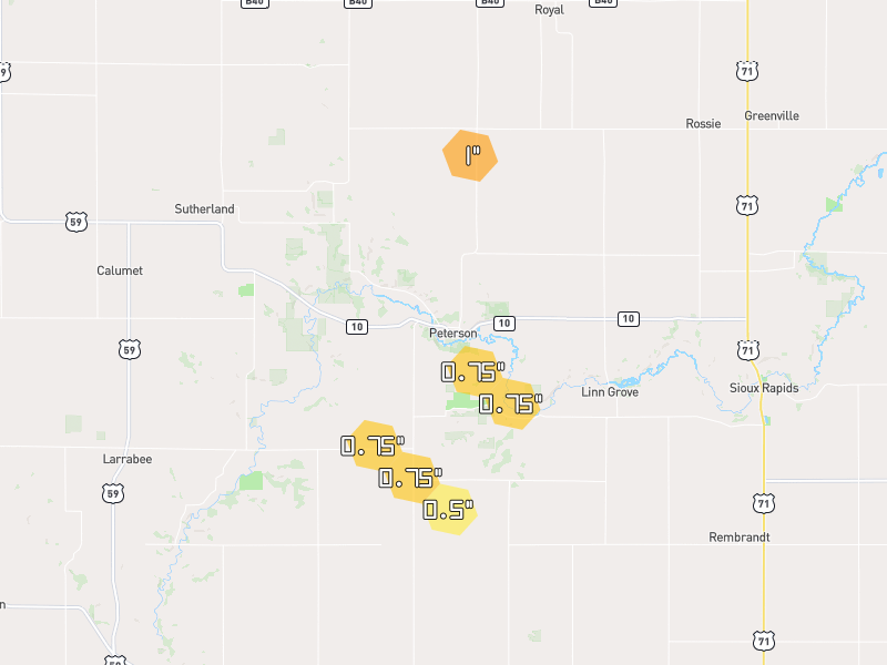 Hail map of Peterson, IA on Jun 28, 2026, hail up to 1"