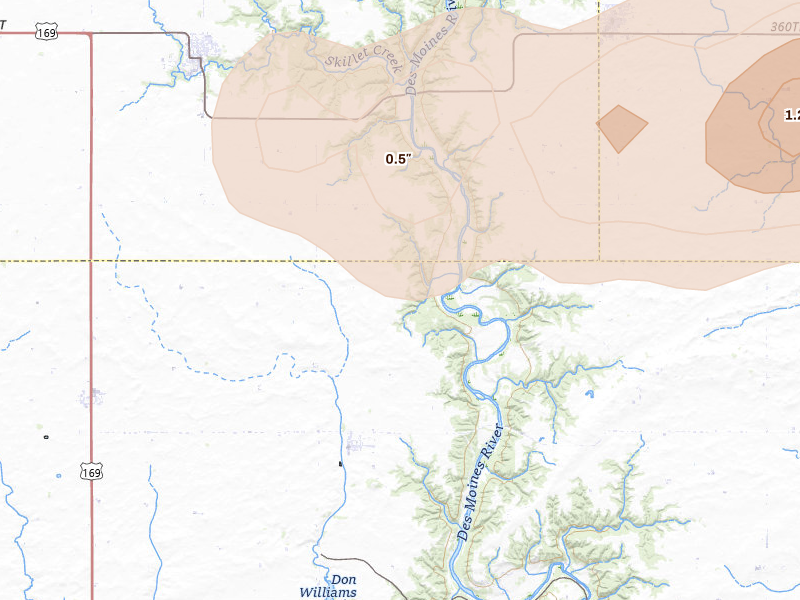 Radar-estimated hail-size map of the storm over Pilot Mound, IA on Jun 10, 2026