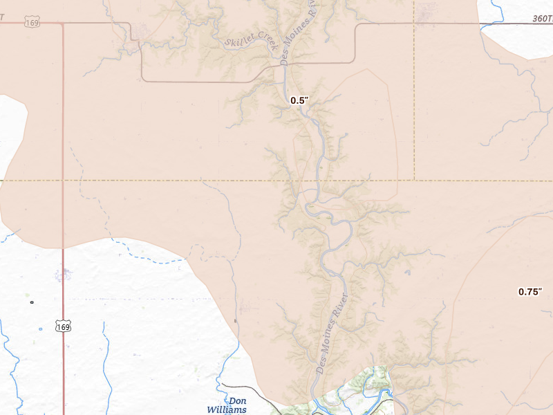 Radar-estimated hail-size map of the storm over Pilot Mound, IA on Jun 16, 2026