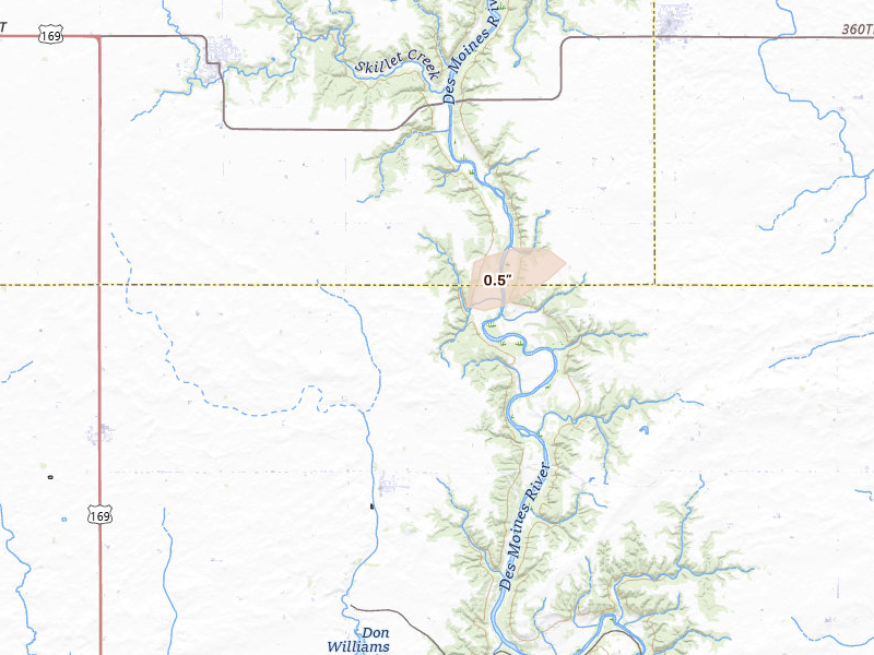 Radar-estimated hail-size map of the storm over Pilot Mound, IA on Jun 17, 2026