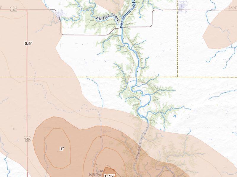Radar-estimated hail-size map of the storm over Pilot Mound, IA on Jul 20, 2026