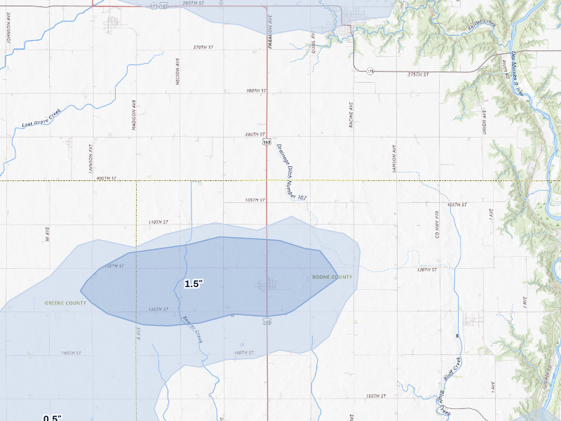 NEXRAD radar-signature map of the hail storm over Pilot Mound, IA on Aug 8, 2026