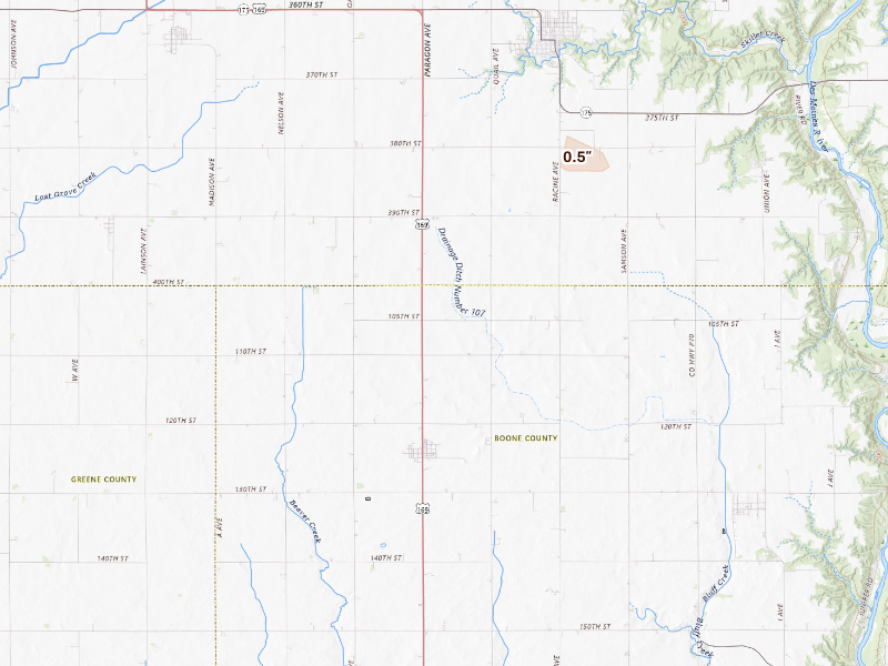 Radar-estimated hail-size map of the storm over Pilot Mound, IA