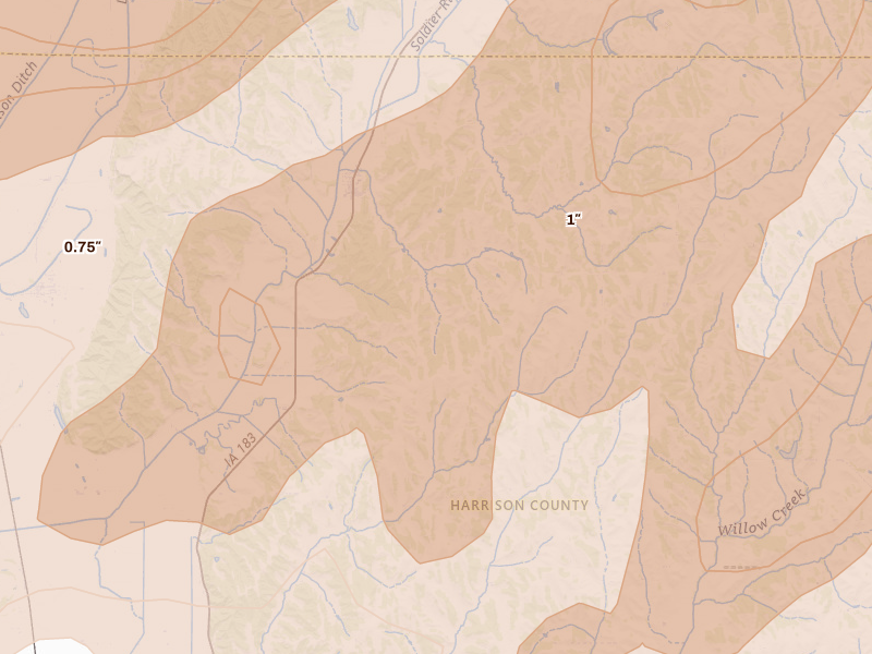 Radar-estimated hail-size map of the storm over Pisgah, IA on Apr 23, 2026