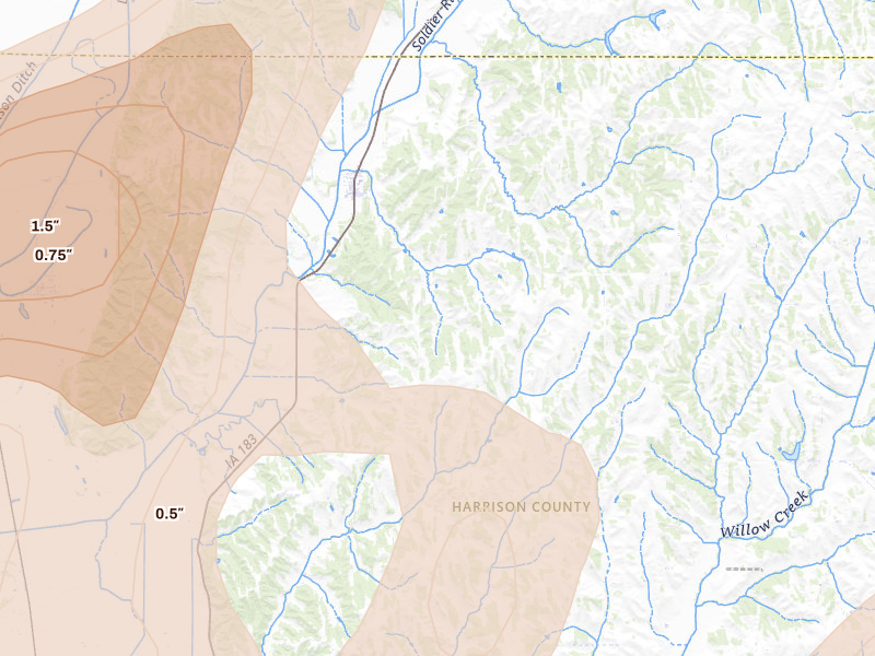 Radar-estimated hail-size map of the storm over Pisgah, IA on May 31, 2026