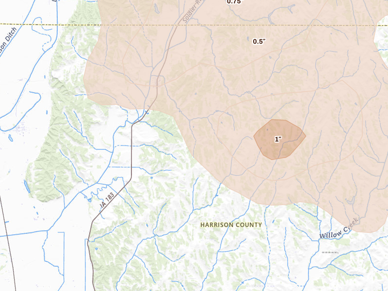 Radar-estimated hail-size map of the storm over Pisgah, IA on Jul 8, 2026