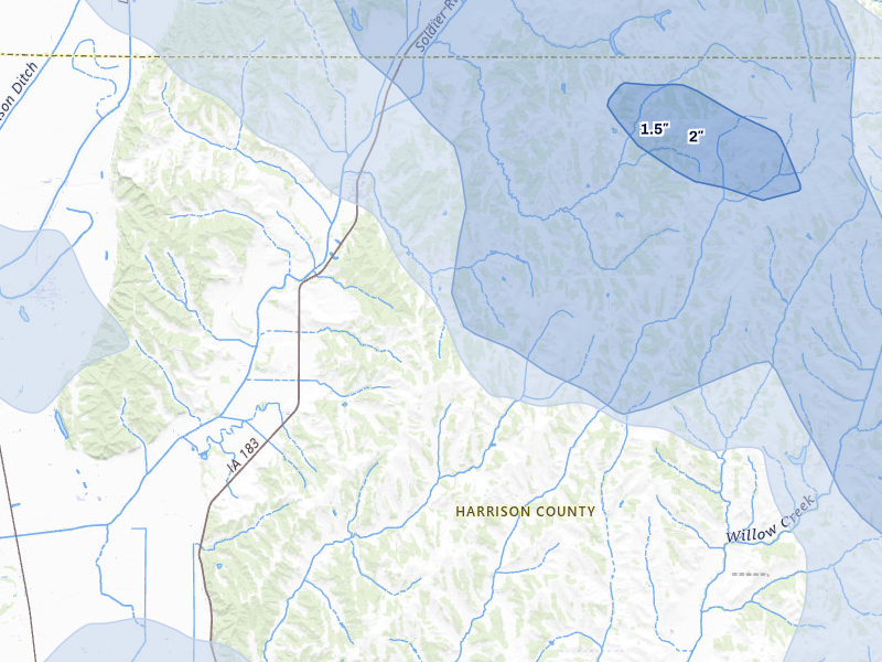 NEXRAD radar-signature map of the hail storm over Pisgah, IA on Jul 8, 2026