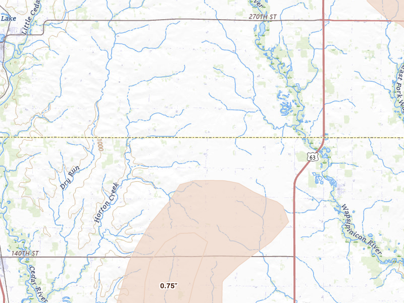 Radar-estimated hail-size map of the storm over Plainfield, IA on Jul 2, 2026