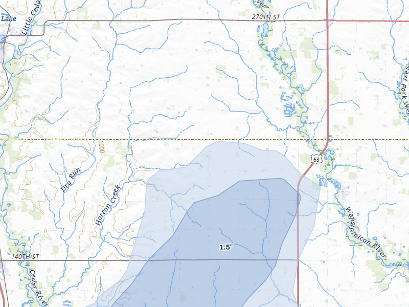 NEXRAD radar-signature map of the hail storm over Plainfield, IA on Jul 2, 2026