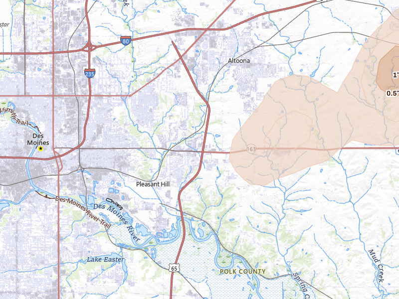 Radar-estimated hail-size map of the storm over Pleasant Hill, IA on Apr 17, 2026