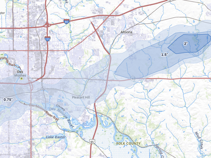 NEXRAD radar-signature map of the hail storm over Pleasant Hill, IA on Apr 17, 2026