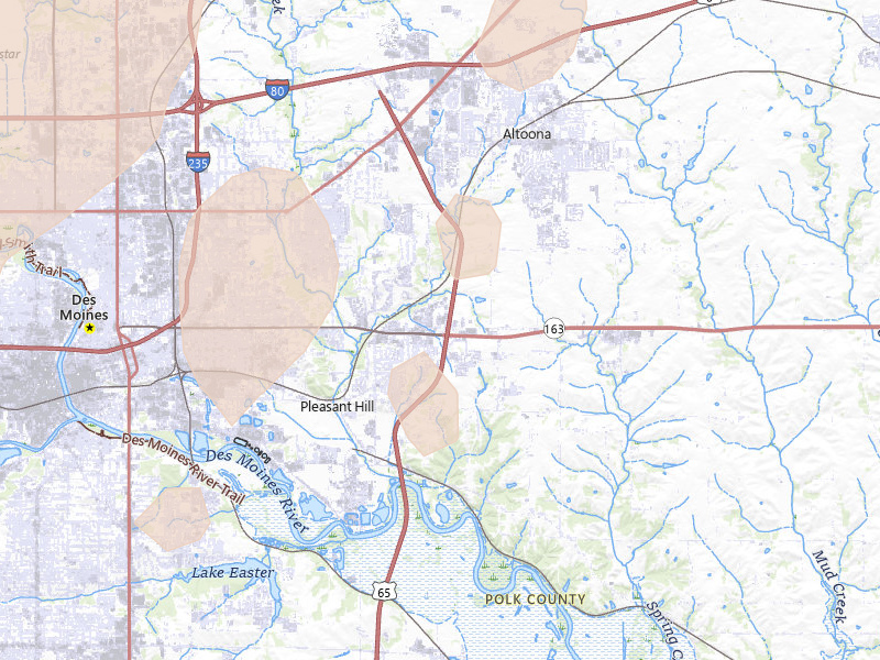 Radar-estimated hail-size map of the storm over Pleasant Hill, IA on May 18, 2026