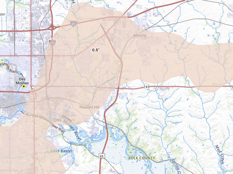 Radar-estimated hail-size map of the storm over Pleasant Hill, IA on Jun 10, 2026
