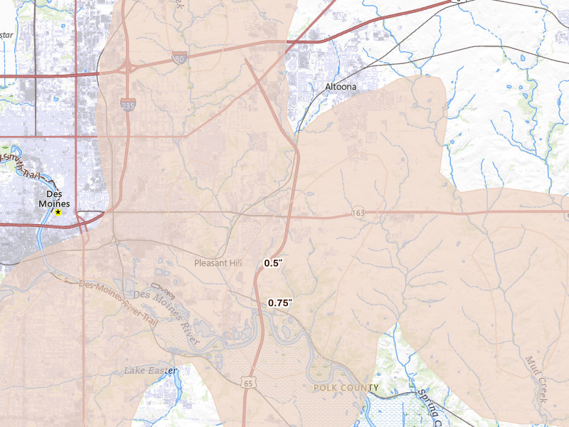Radar-estimated hail-size map of the storm over Pleasant Hill, IA on Jul 3, 2026
