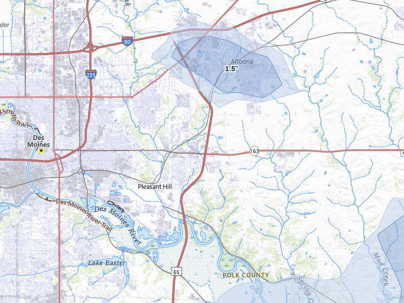 NEXRAD radar-signature map of the hail storm over Pleasant Hill, IA on Jul 3, 2026