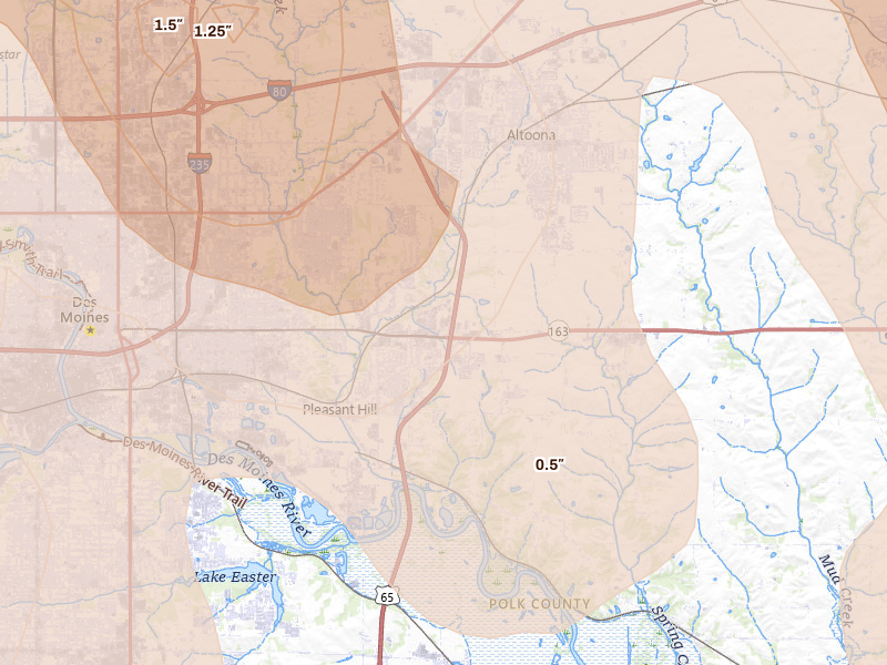 Radar-estimated hail-size map of the storm over Pleasant Hill, IA on Jul 20, 2026