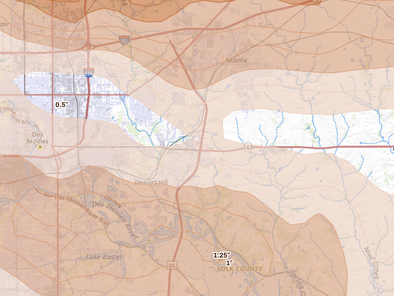 Radar-estimated hail-size map of the storm over Pleasant Hill, IA