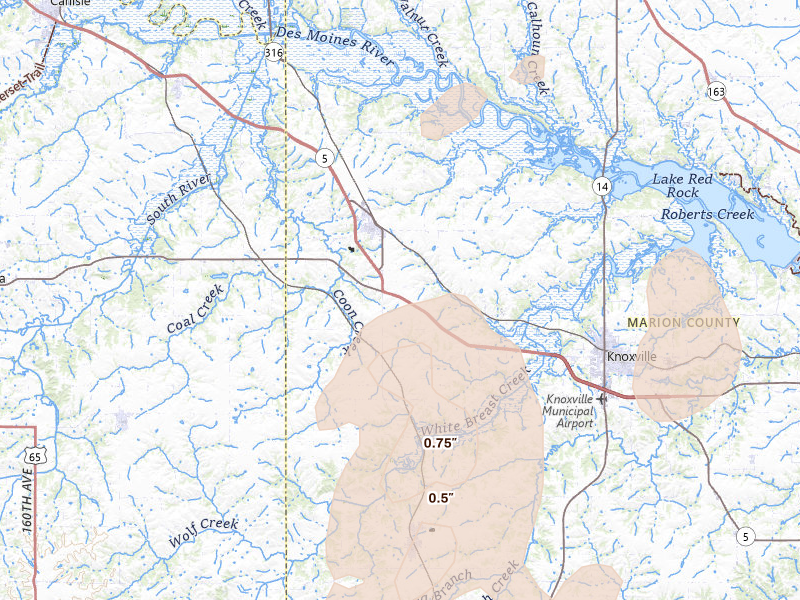 Radar-estimated hail-size map of the storm over Pleasantville, IA on May 15, 2026