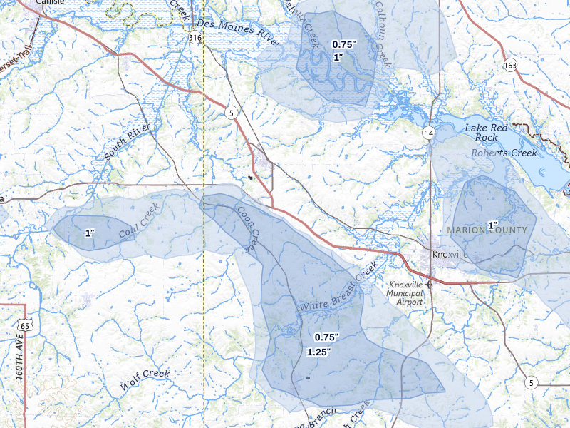 NEXRAD radar-signature map of the hail storm over Pleasantville, IA on May 15, 2026