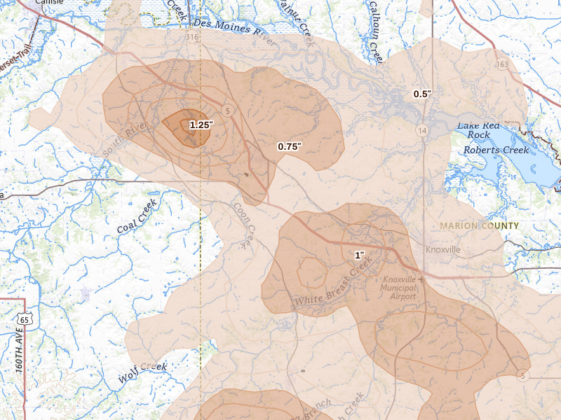 Radar-estimated hail-size map of the storm over Pleasantville, IA on Jun 5, 2026