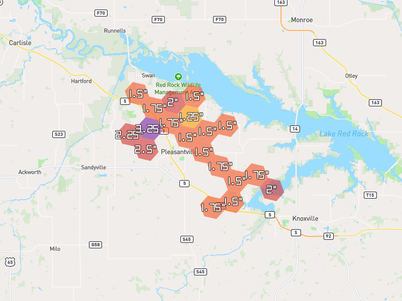 Hail map of Pleasantville, IA on Jun 6, 2026, hail up to 3.25"
