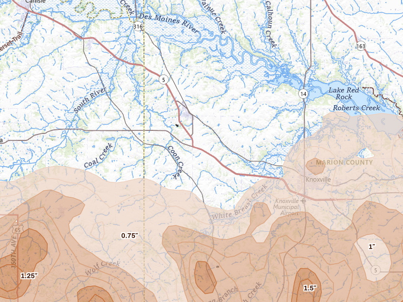 Radar-estimated hail-size map of the storm over Pleasantville, IA on Jun 11, 2026