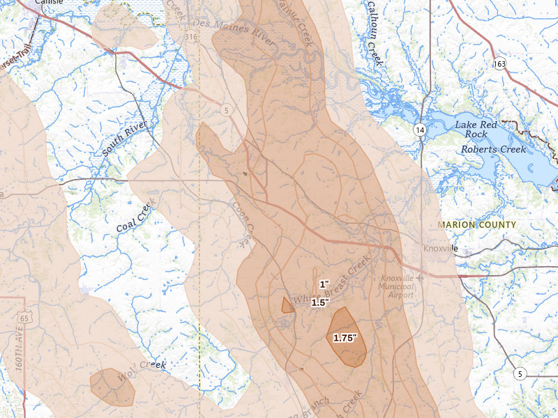 Radar-estimated hail-size map of the storm over Pleasantville, IA