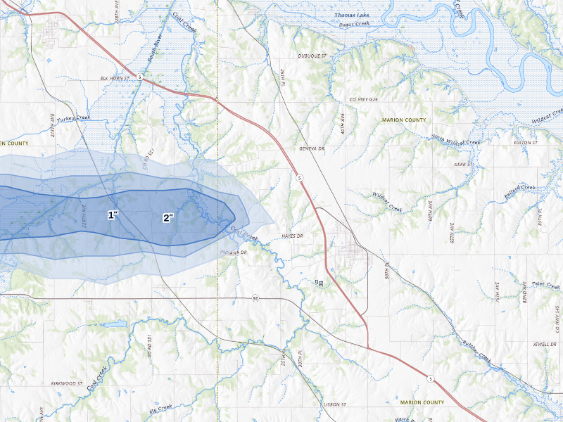 NEXRAD radar-signature map of the hail storm over Pleasantville, IA on Sep 8, 2026