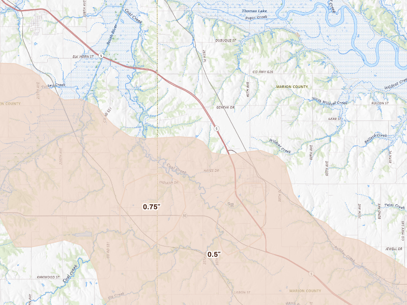 Radar-estimated hail-size map of the storm over Pleasantville, IA